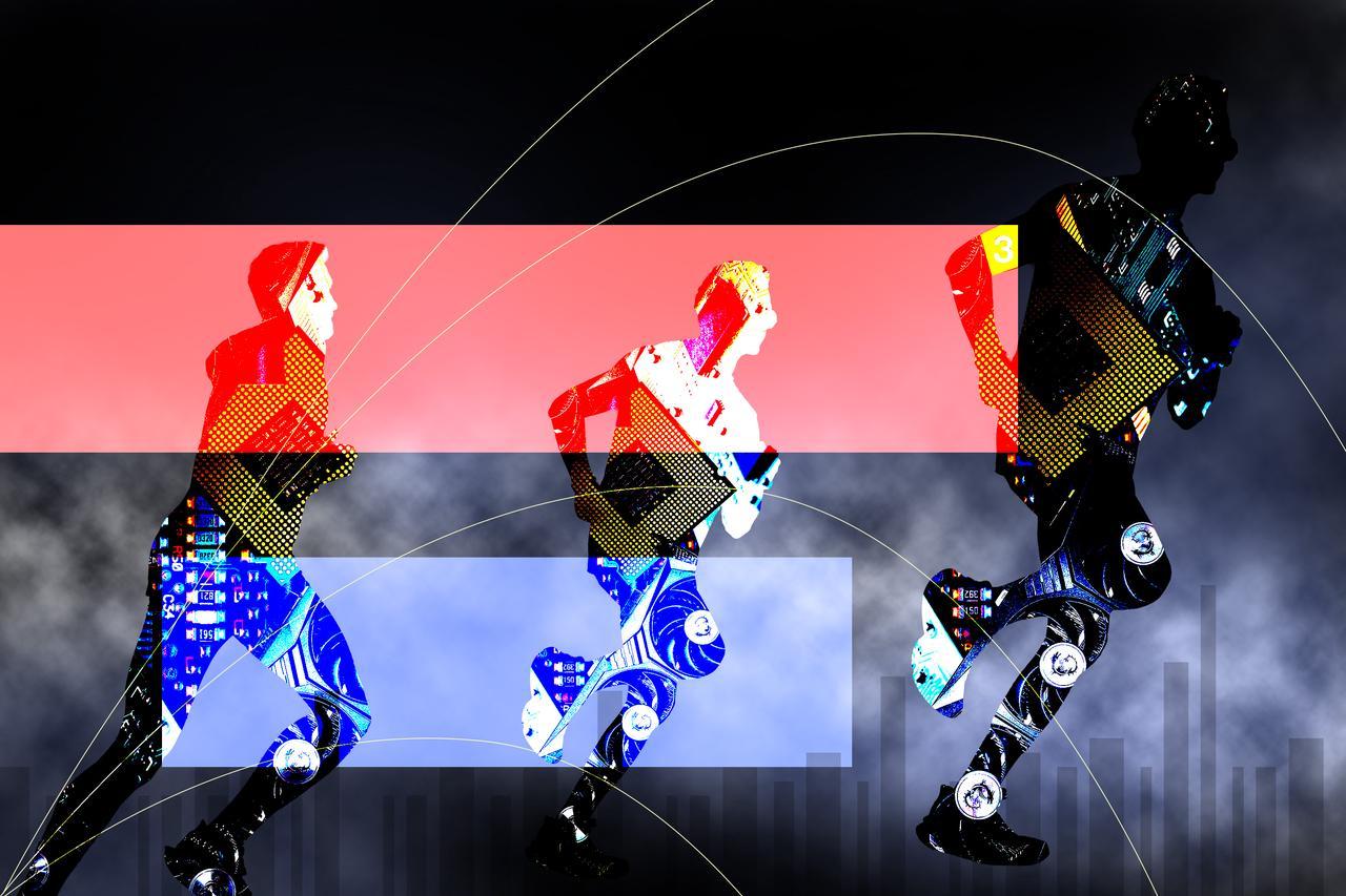 Three human silhouettes in motion, made from collaged circuit boards and computer chips.