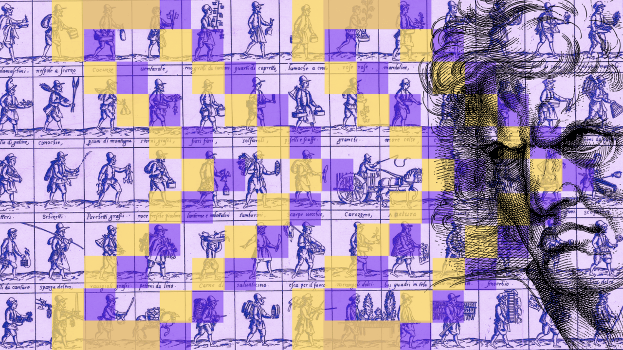 A collaged group of workers moving toward a sketched figure against a purple background.