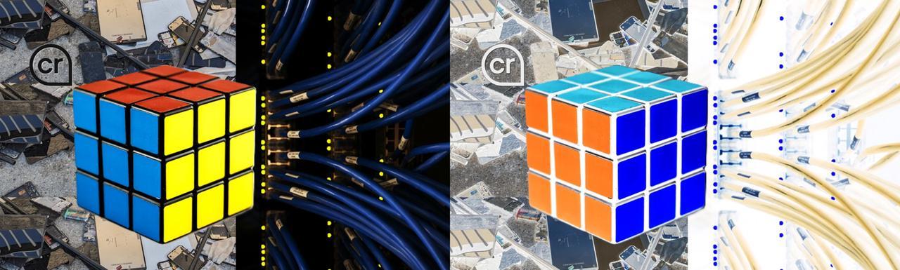 A split-screen collage connecting a puzzle cube, electronic waste, and data center cables.