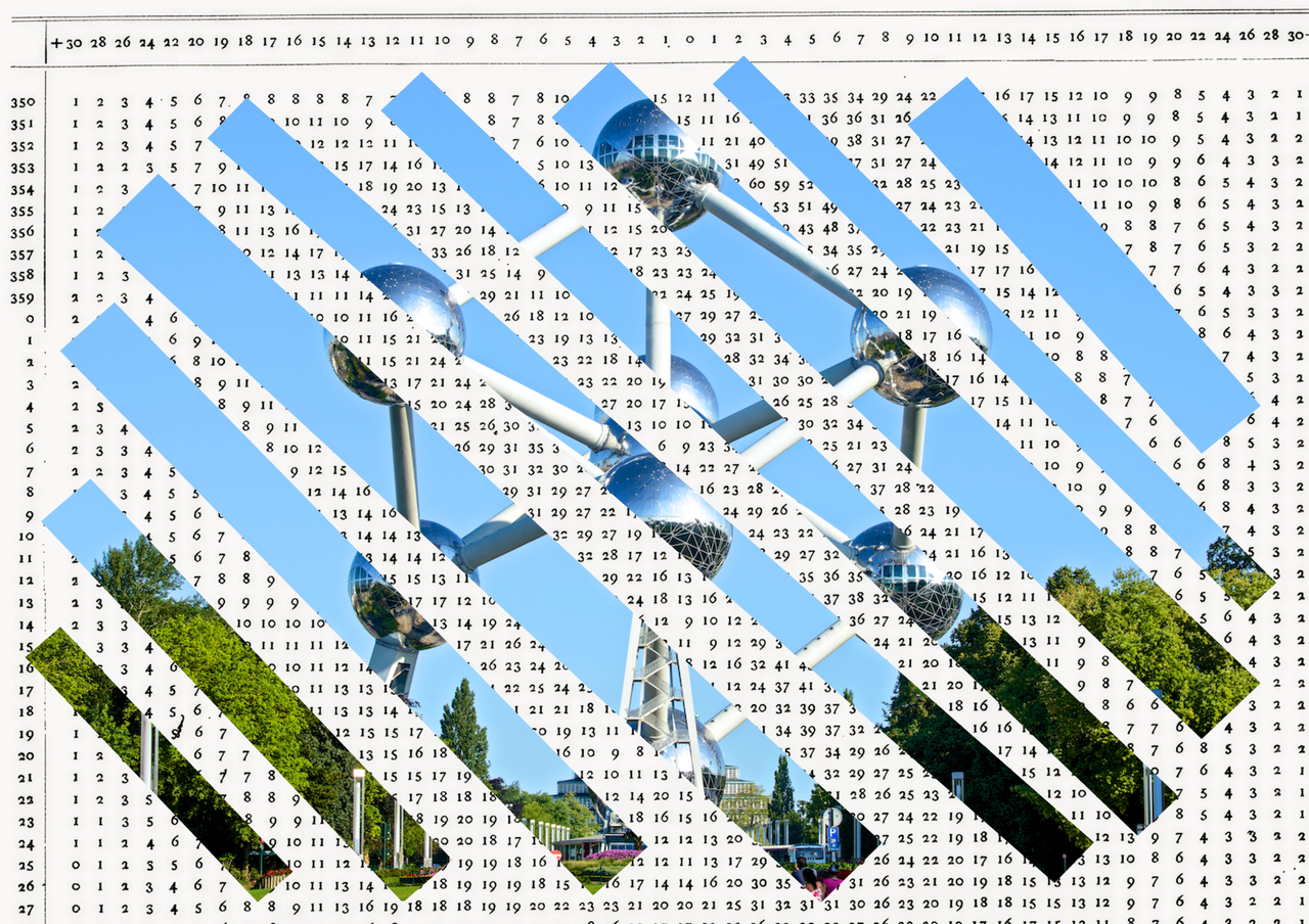A paper collage of the Atomium cut into diagonal strips and reassembled over a grid of numbers.